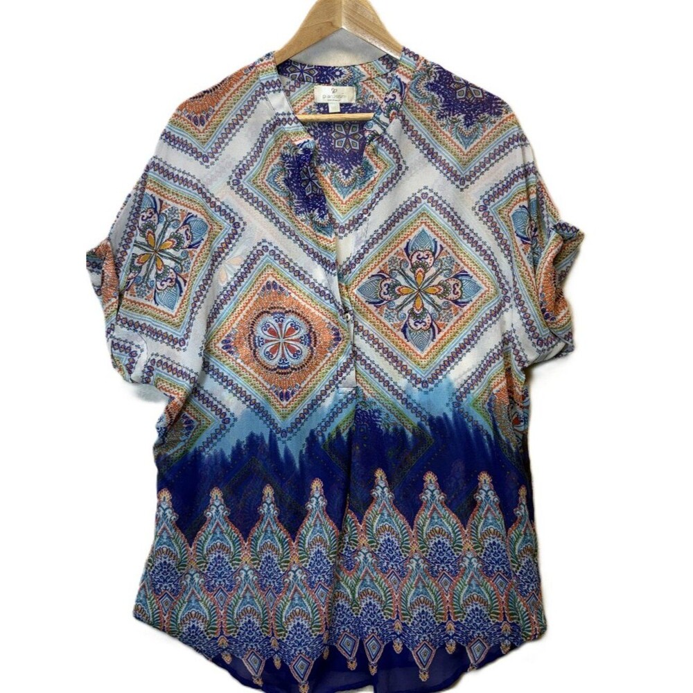 Piarossini Resort Wear Blouse M/L Boho Tunic Sheer Colorful Print Top
